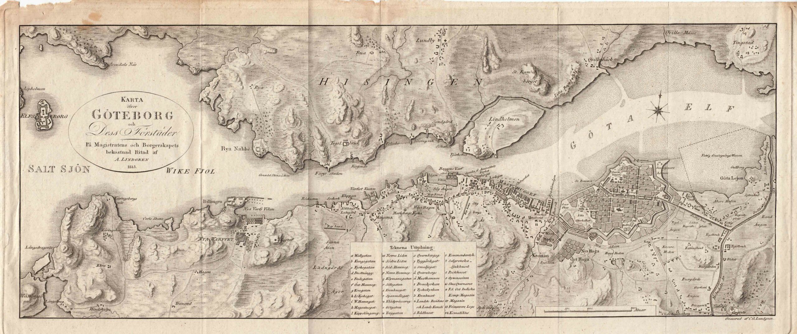 Karta från 1815: När Lindholmen var en egen ö och kanonbatteriet i Rya